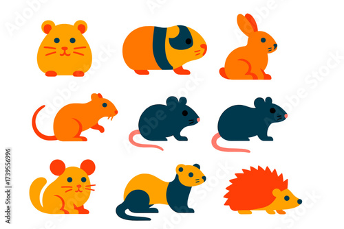 Colorful Pet Icons. Flat vector icons of small mammal pets: hamster, guinea pig, rabbit, gerbil, mouse, rat, chinchilla, ferret,