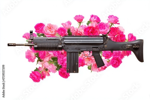 Rifle adorned with vibrant pink roses as symbol of contrast