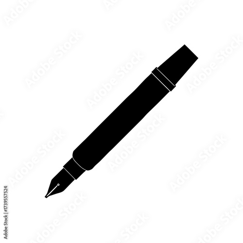 A simple black and white illustration of a fountain pen at a diagonal angle on a white background on transparent background silhouette