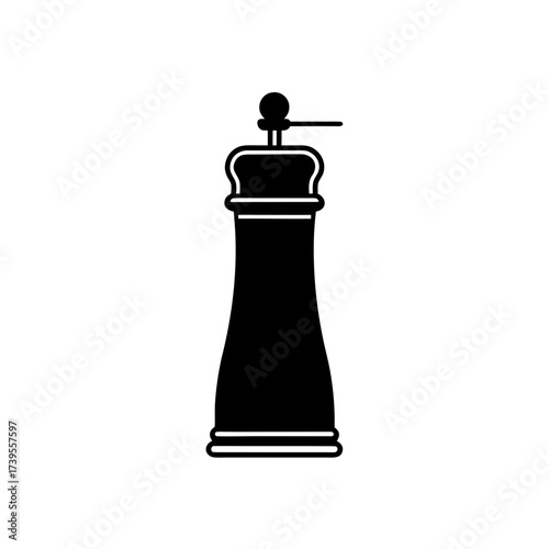 Illustration of a black pepper grinder with a visible crank handle and a rounded top on a white background on transparent background silhouette