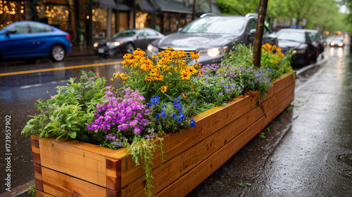 A wooden flower box with purple, orange, and yellow flowers sits on the side of an urban street filled with cars. Ai generated