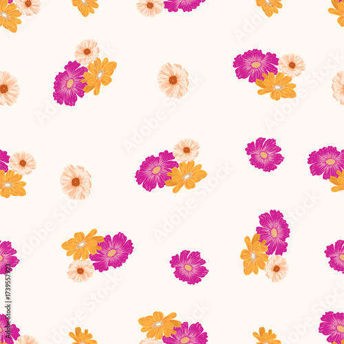 Seamless floral pattern featuring small pink and orange flowers scattered on a white background.