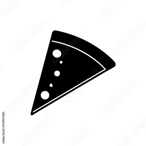 A black and white slice of pizza with three toppings is displayed in a simple vector format image on transparent background silhouette