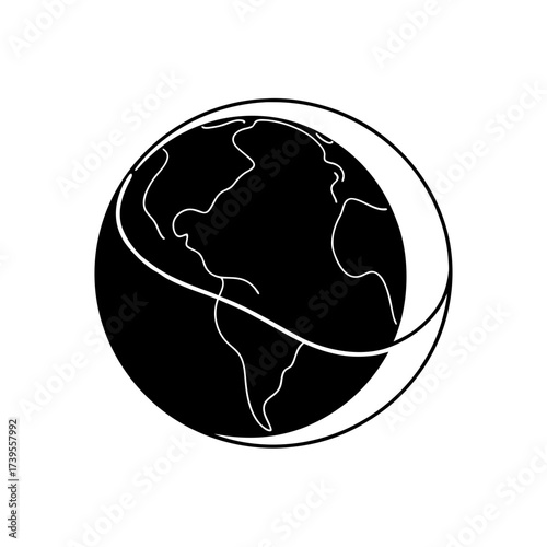 Illustration of a black earth globe with white continents and a crescent orbiting around it shown on transparent background silhouette