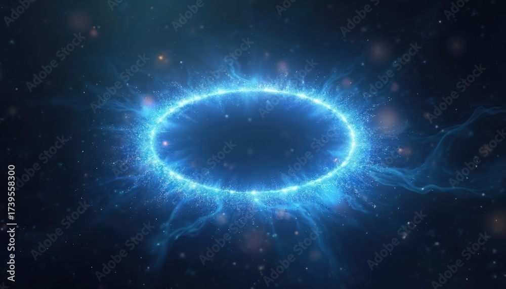 Obraz premium Glowing blue oval ring with sparkling particles and electric like effect around. Abstract futuristic graphic element with vibrant light. Oval shape with shining blue light and dynamic energy effect.