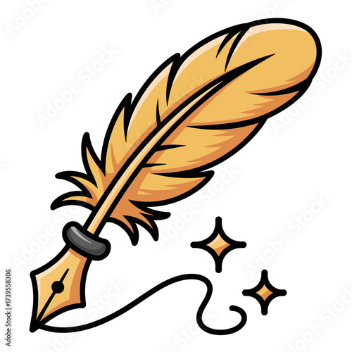 Vector art of golden feather quill pen with sparkles drawing