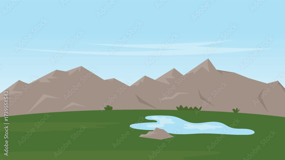 Fototapeta premium green field with lake and mountain background. landscape cartoon scene