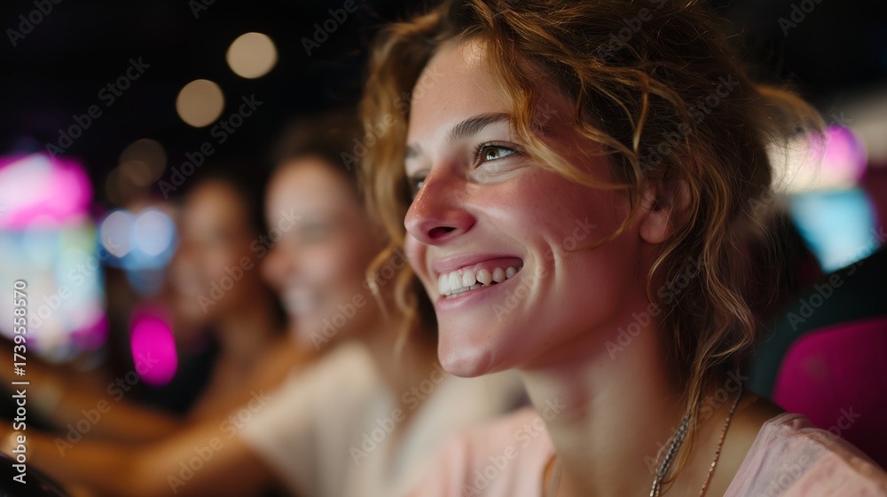 Fototapeta premium Young woman enjoying arcade games with friends at an entertainment center during evening leisure time