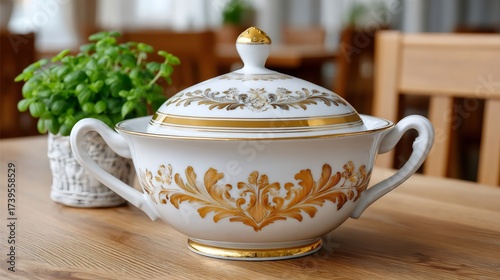 Ornate porcelain soup tureen with gold decor on wooden table