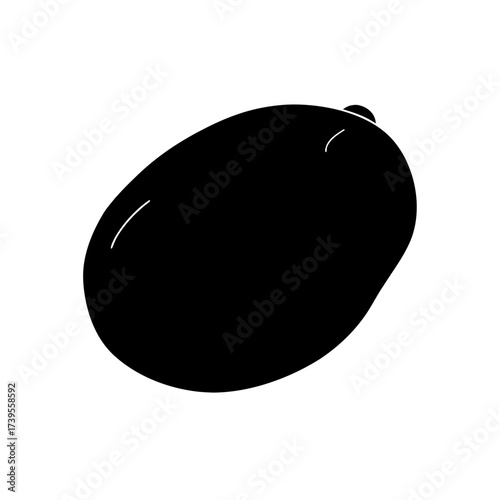 Illustration of a solid black mango fruit with a smooth surface on a plain white background view from above on transparent background silhouette