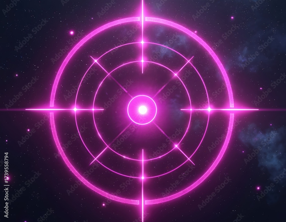 Obraz premium Futuristic neon aiming reticle on starry galaxy background. Pink glowing circles and lines create target graphic for space mission or sci fi game.