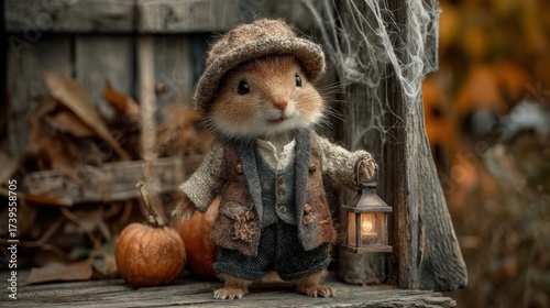 Halloween An adorable chipmunk dressed in a waistcoat holding a lantern in a spooky environment