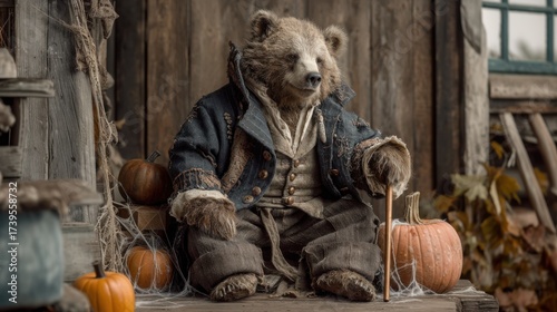 Halloween A whimsical anthropomorphic bear dressed in vintage clothing sits gracefully on a porch, exuding an air of dignity and autumn charm. Pumpkins and rustic decor accent the scene.