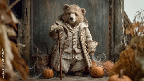 Halloween A charming bear dressed in an old-fashioned outfit standing in an autumn scene. It holds a cane and is surrounded by pumpkins and fall foliage