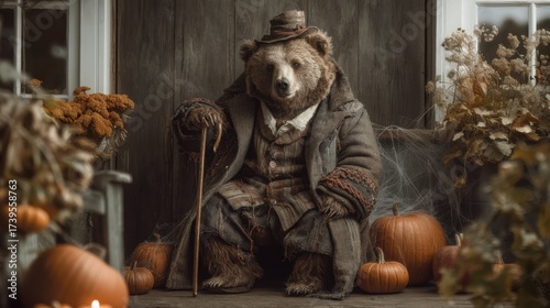 Halloween An anthropomorphic bear dressed in vintage clothing sits amidst Halloween decorations. The bear is seated on a porch with pumpkins and autumn foliage, and a cobweb decorated
