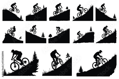 Mountain biker silhouettes on grassy hills and cliffs