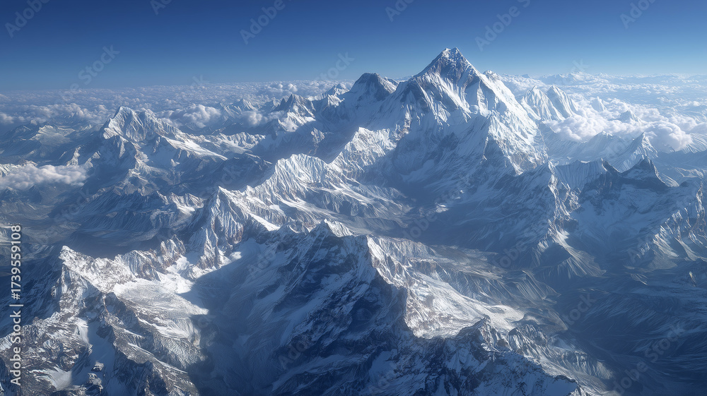 Naklejka premium Realistic shot of an aerial view showing the majestic himalayan peaks, including mount everest in perspective. Ai generated