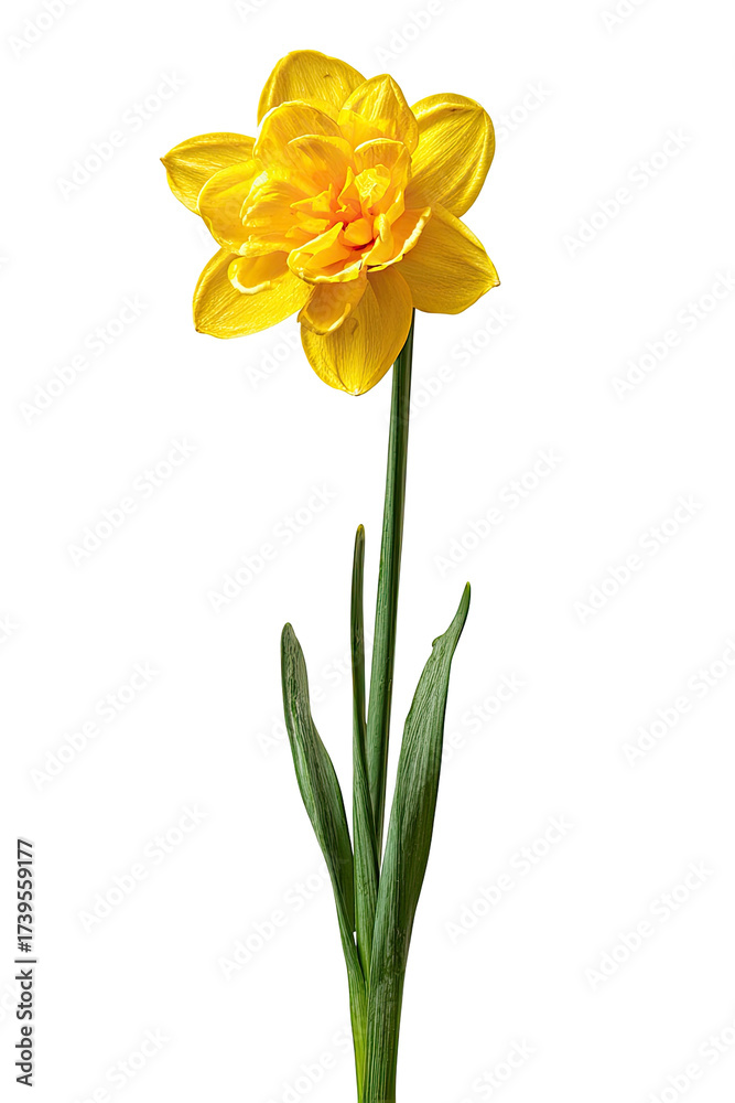 Fototapeta premium A radiant, fully bloomed yellow daffodil gracefully stands tall against a stark black backdrop