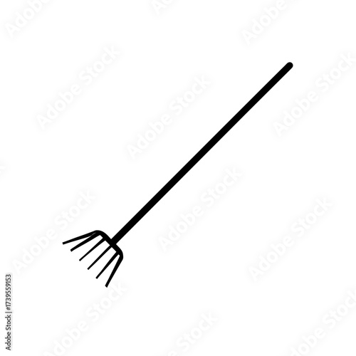 A simple black rake with a long handle and multiple tines isolated on a white background in a vector image on transparent background silhouette