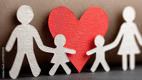 Famille en papier découpé avec cœur rouge symbolisant amour et unité