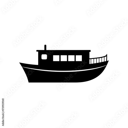 Silhouette of a small boat with windows and railing on a white background simple vector illustration on transparent background