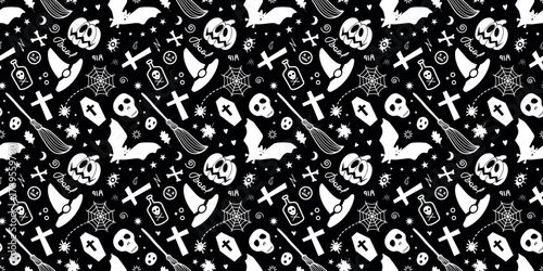 Halloween traditional spooky items isolated on black background forming seamless pattern