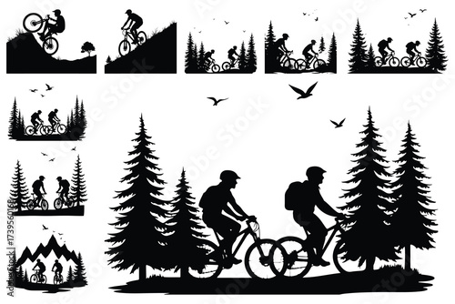 Silhouette mountain bikers riding through pine trees and hills