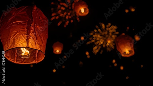 New Year 2026 themed background and banner, Bokeh background with dark sky and influenced by flying lanterns and exploding fireworks