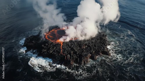 Aerial view of a volcanic island erupting with flowing lava, steam, and ocean waves