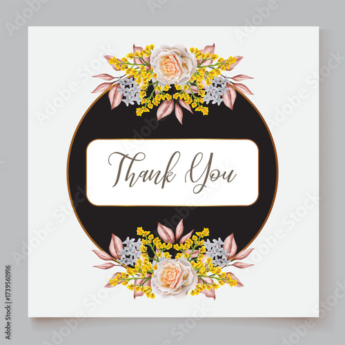 WEDDING INVITATION FRAME WITH FLOWER DECORATIONS AND FRESH LEAVES
