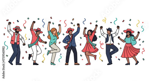 Vibrant celebration diverse people revelry confetti joyful gathering spirited dance festive occasion