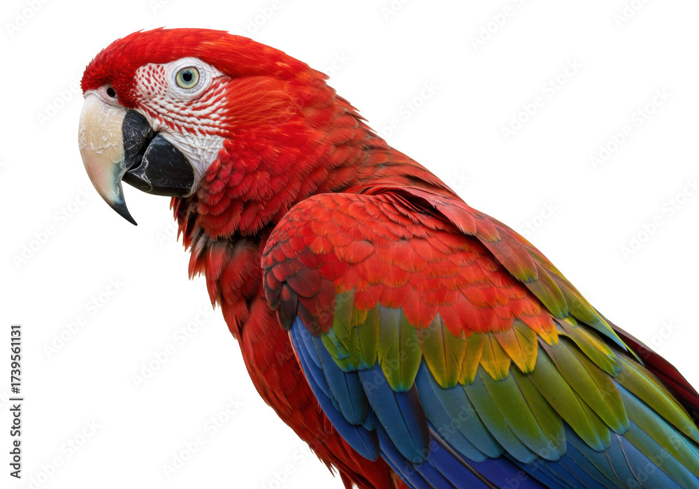 Obraz premium Isolated Scarlet Macaw Parrot Portrait in Natural Color, Elegant Wing Feather Pattern