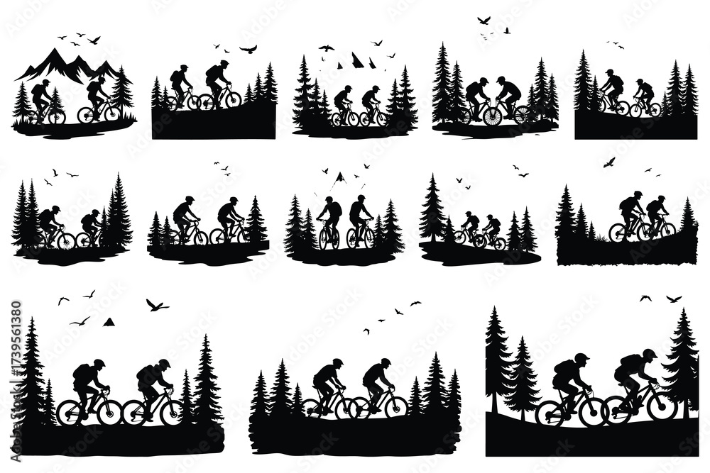 Fototapeta premium Silhouettes of cyclists riding bicycles through pine trees and mountains