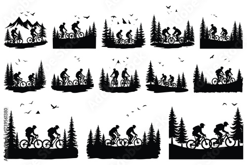 Silhouettes of cyclists riding bicycles through pine trees and mountains