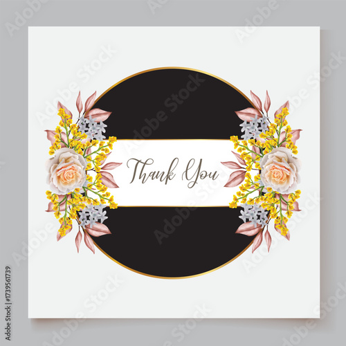 WEDDING INVITATION FRAME WITH FLOWER DECORATIONS AND FRESH LEAVES