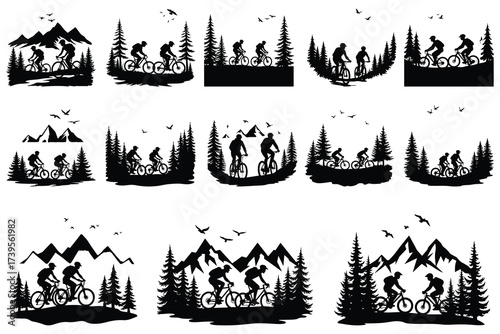 Silhouettes of mountain bikers riding through pine trees and mountains