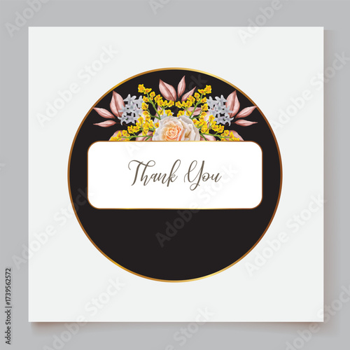 WEDDING INVITATION FRAME WITH FLOWER DECORATIONS AND FRESH LEAVES