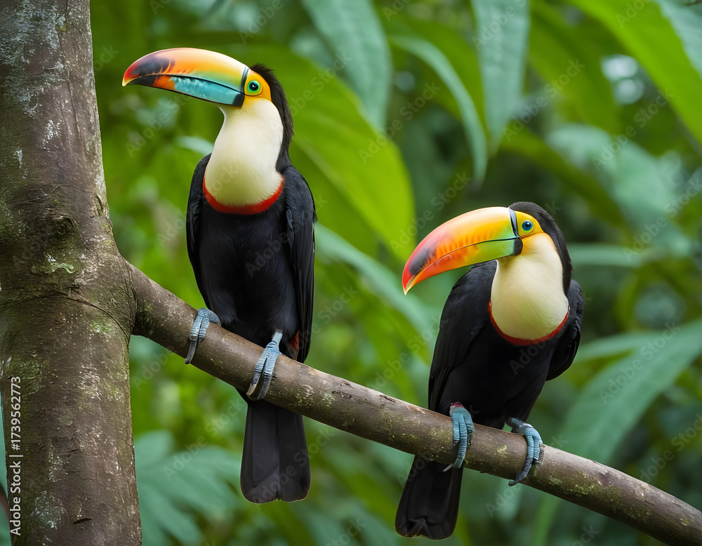 Fototapeta premium Two toucan tropical bird sitting on a tree branch in natural wildlife environment in rainforest jungle., toucan on a branch