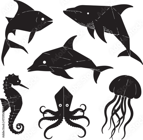 Black silhouette marine life collection fish dolphin