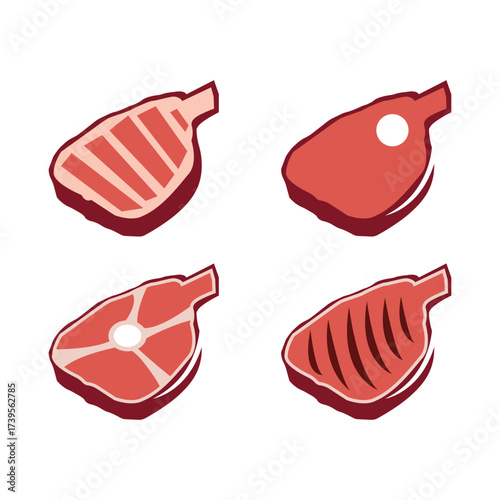 Set of Four Stylized Raw Meat Cuts Icon Collection Vector Graphic Bundle Steaks, Chops, and Roast Icons