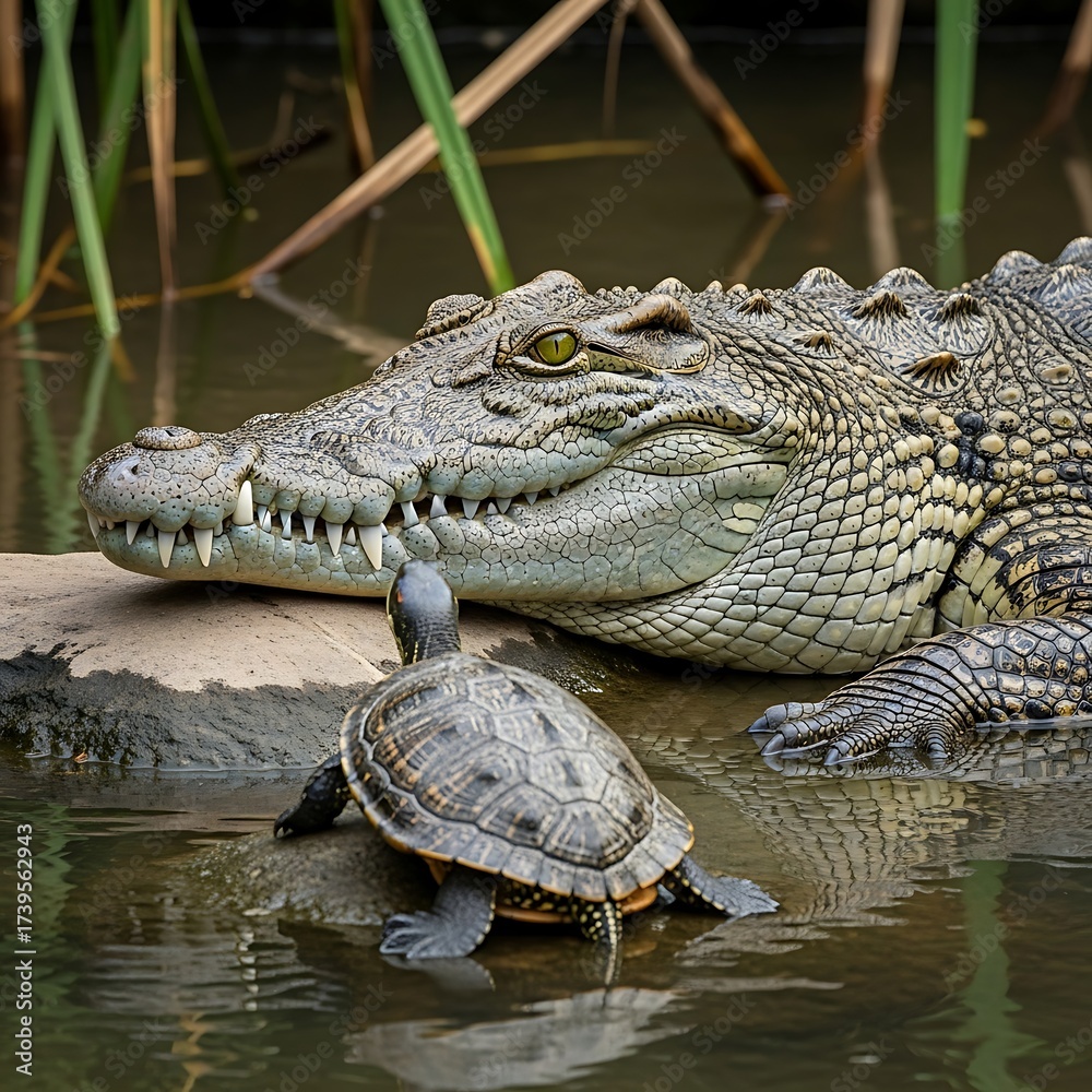 Fototapeta premium Crocodile and Turtle in Water.