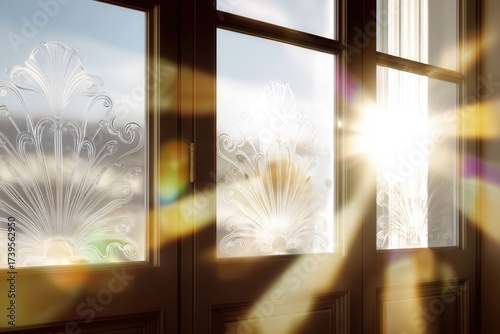 Sunlight decorative window glass creating radiant patterns