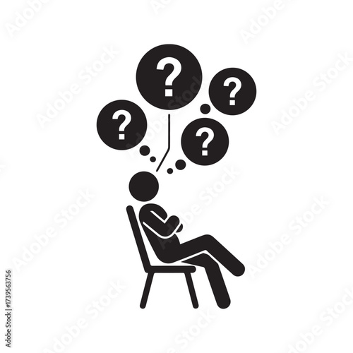 Pondering Stick Figure Icon, Person Sitting and Thinking with Question Marks, a Symbol of Confusion, Doubt, and Decision Making.

