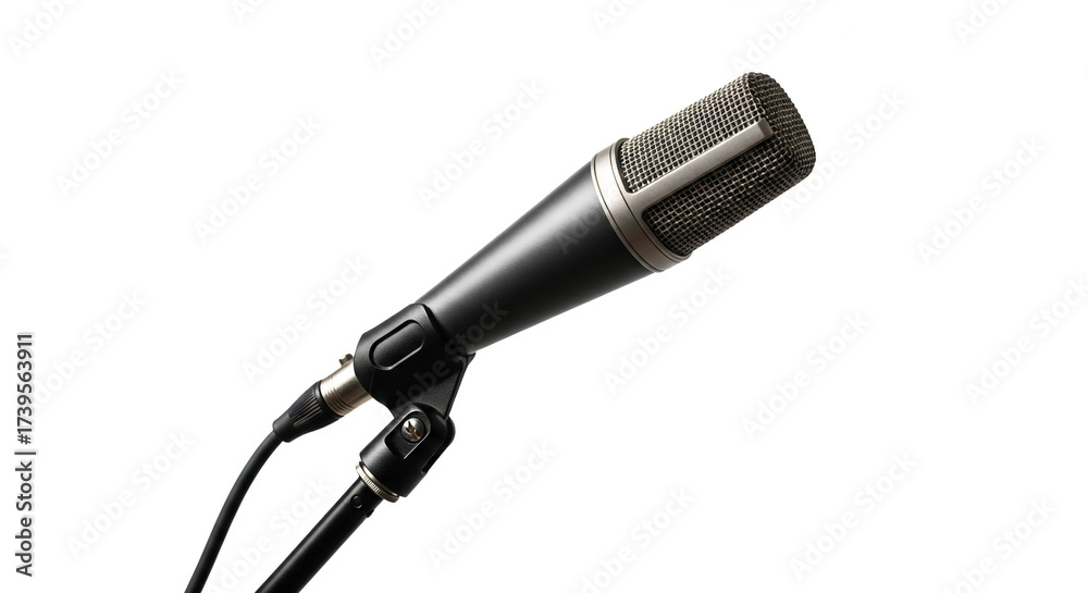 Obraz premium Professional condenser microphone on a stand against a white background