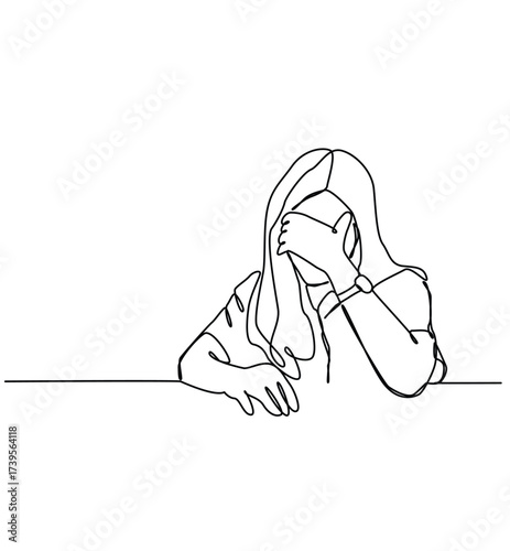 Continuous one line art of a young woman feeling sad, tired and worried about mental health depression. problems, failures and broken heart concepts.