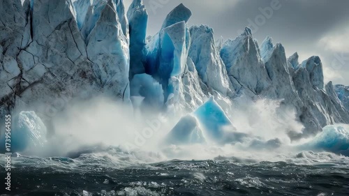 A massive glacier calving into the stormy ocean