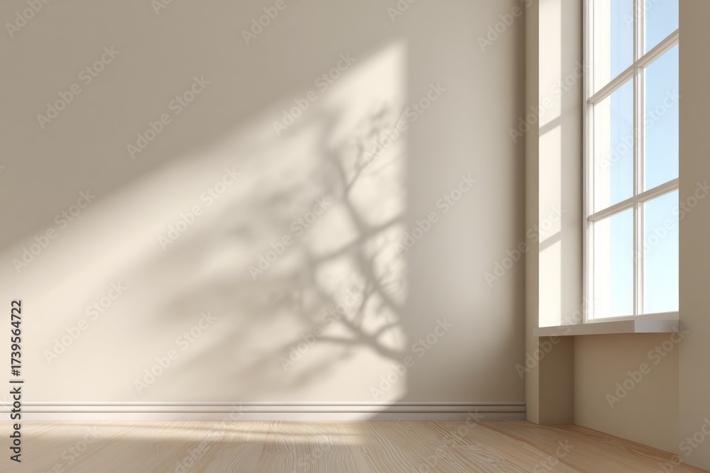 Fototapeta premium A sunlit beige room. A tree shadow graces a wall, next to a window showing a blue sky