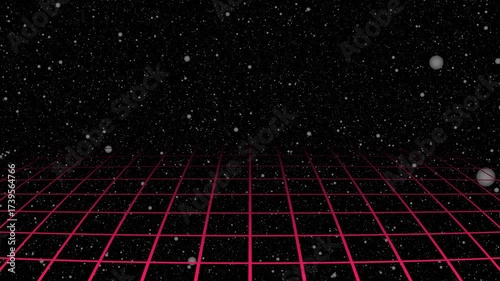 A futuristic and vibrant magenta gradient grid animation set against a stunning outer space starfield background. Perfect for use in sci-fi projects, motion graphics, digital presentations, etc.