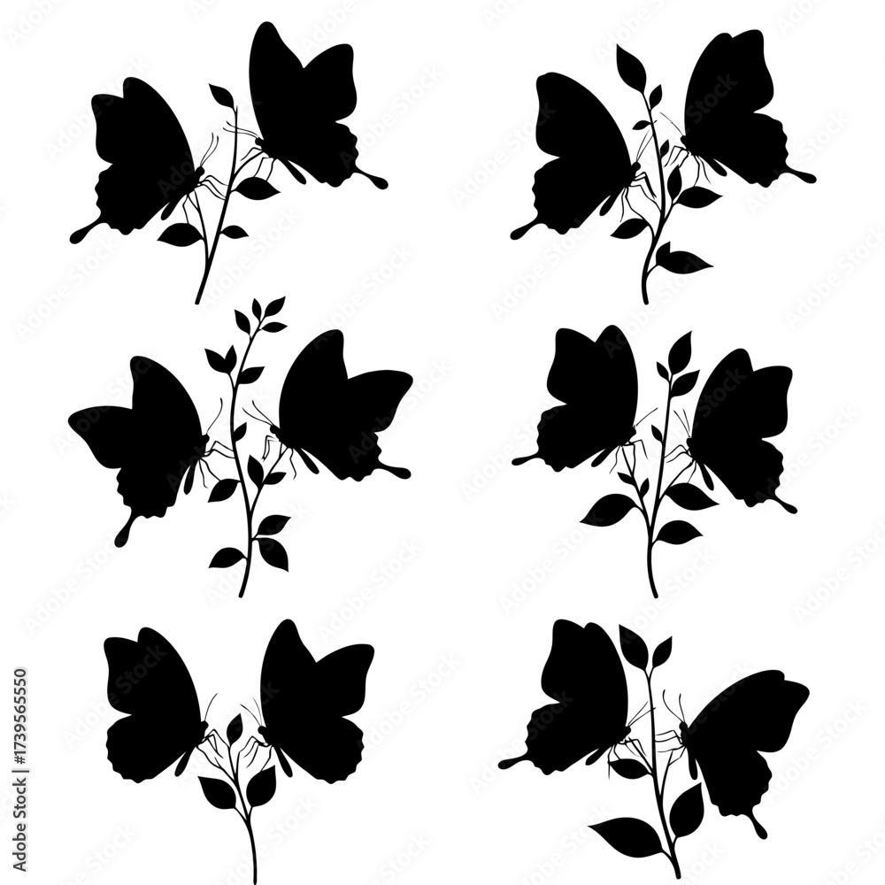 Fototapeta premium Silhouettes of butterflies on branches set of six designs.