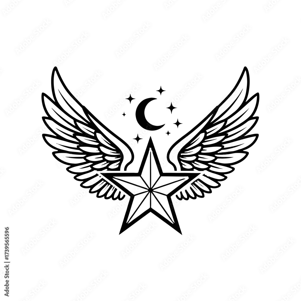 Obraz premium Star with Wings and Moon Tattoo Design.